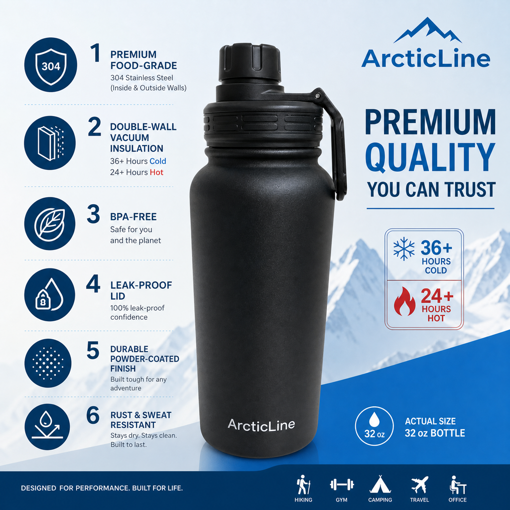 ArcticLine 32 oz Vacuum Insulated Stainless Steel Water Bottle with 2 Lids, Matte Black