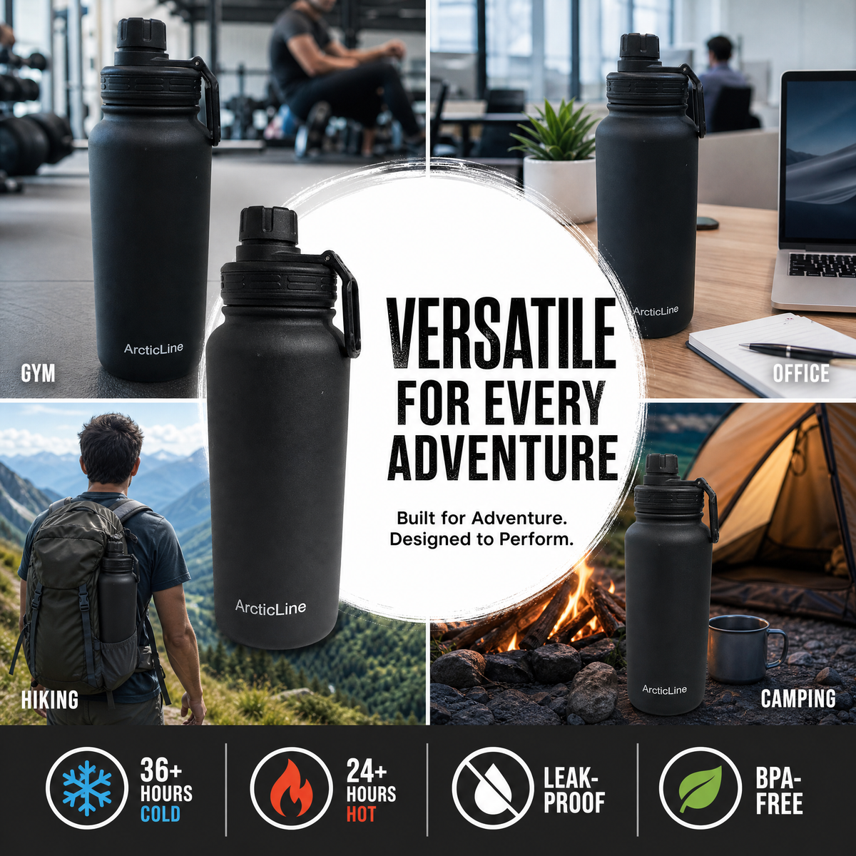 ArcticLine 32 oz Vacuum Insulated Stainless Steel Water Bottle with 2 Lids, Matte Black