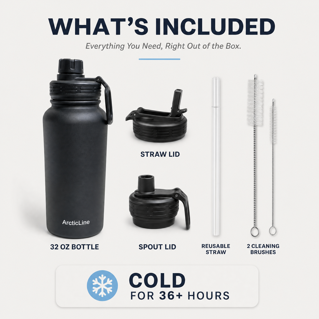 ArcticLine 32 oz Vacuum Insulated Stainless Steel Water Bottle with 2 Lids, Matte Black