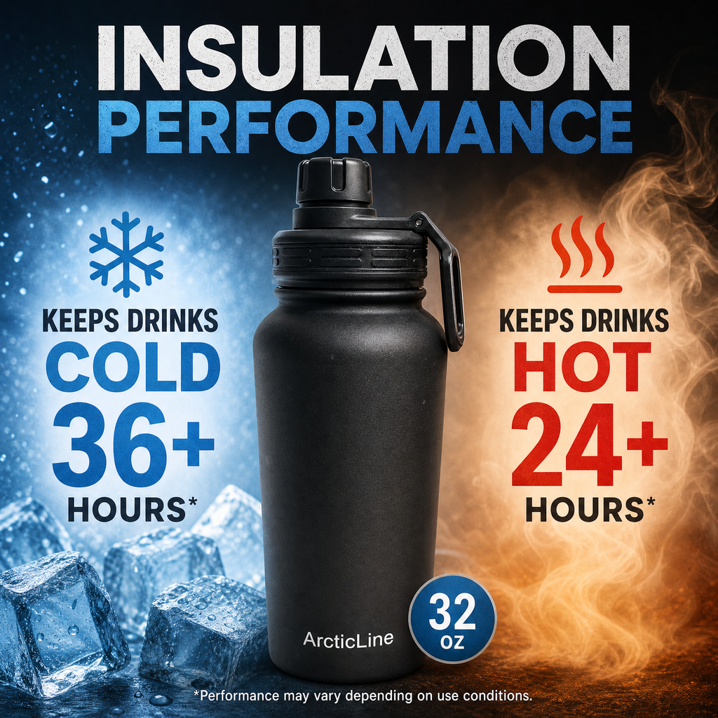 ArcticLine 32 oz Vacuum Insulated Stainless Steel Water Bottle with 2 Lids, Matte Black