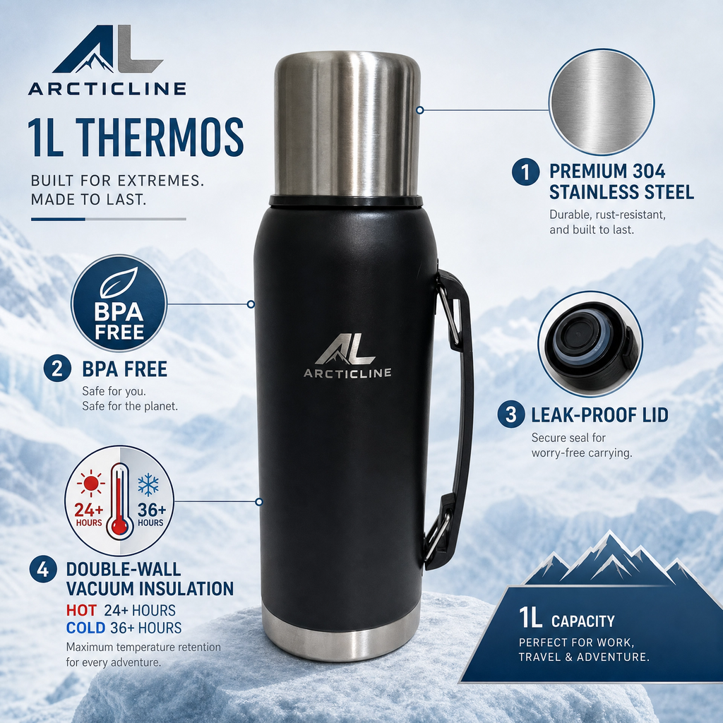 ArcticLine 1L Vacuum Insulated Stainless Steel Bottle – Matte Black