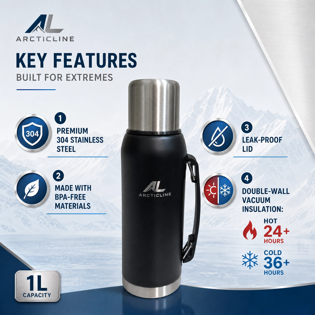 ArcticLine 1L Vacuum Insulated Stainless Steel Bottle – Matte Black