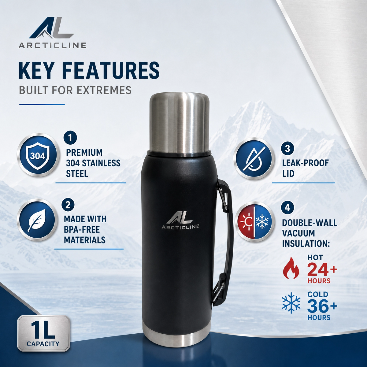 ArcticLine 1L Vacuum Insulated Stainless Steel Bottle – Matte Black