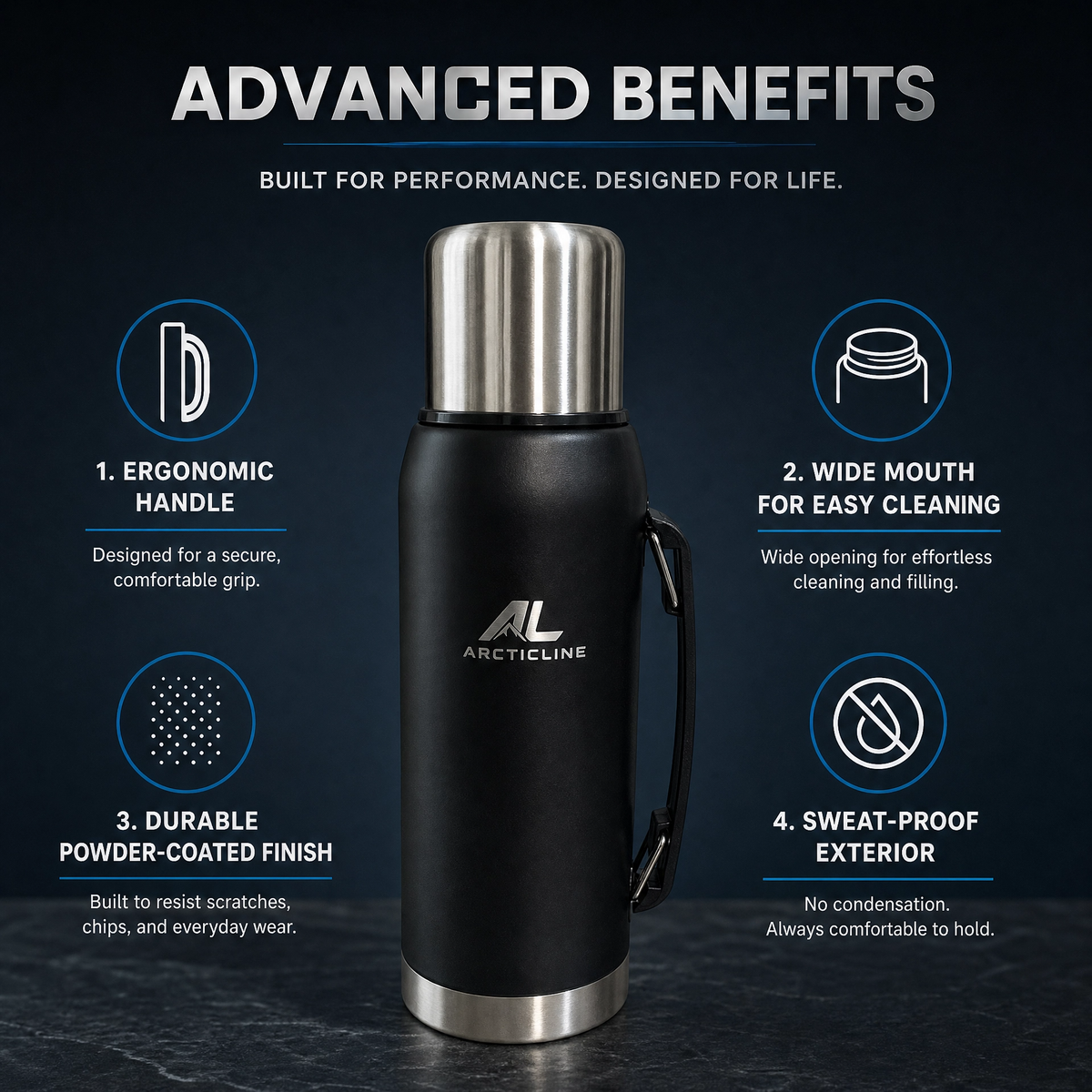 ArcticLine 1L Vacuum Insulated Stainless Steel Bottle – Matte Black