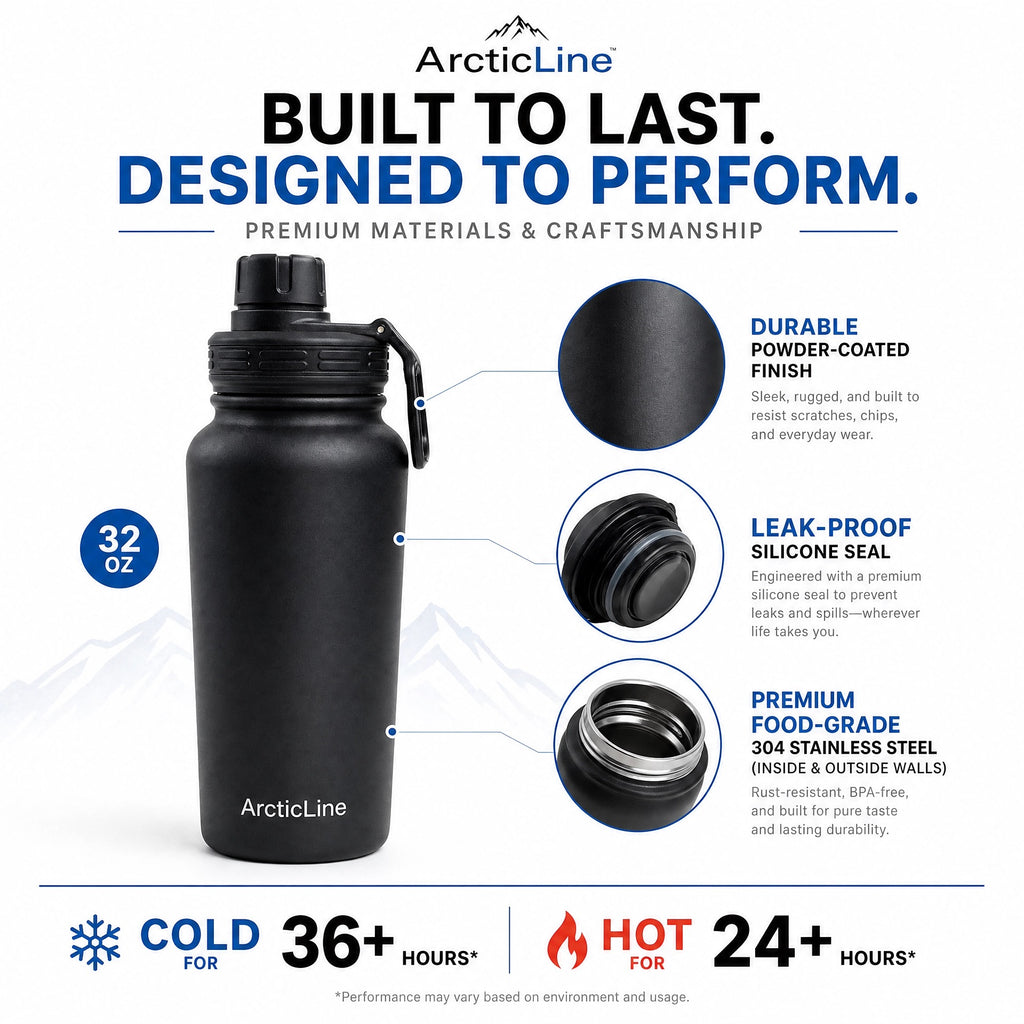 ArcticLine 32 oz Vacuum Insulated Stainless Steel Water Bottle with 2 Lids, Matte Black